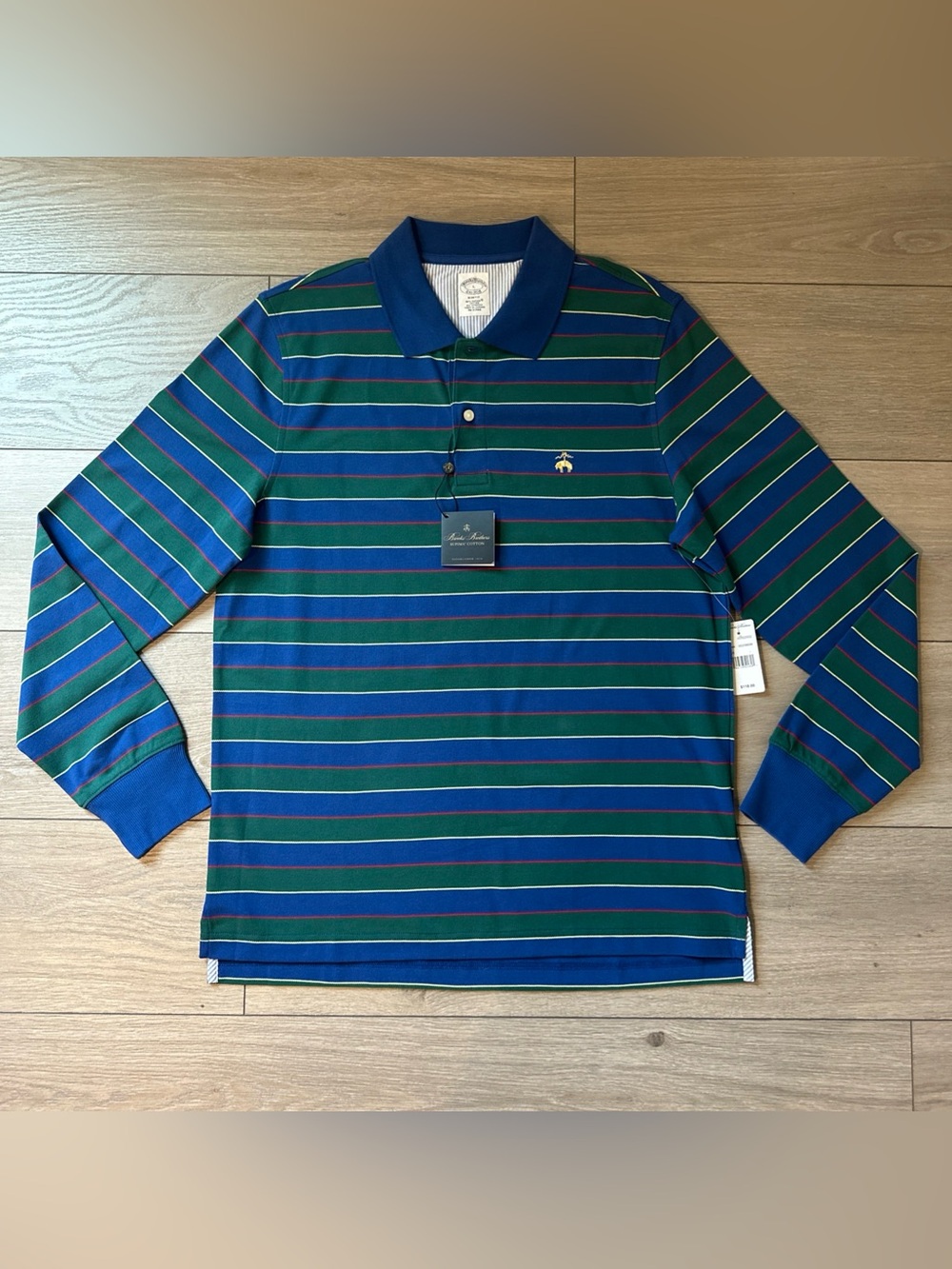 NWT Brooks Brothers Men’s Size L Slim Fit Blue Green Striped L/S Polo Shirt